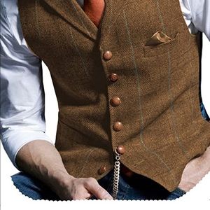 Formal Tweed Plaid Vest (Wedding Vintage Wool Herringbone Retro Satin)